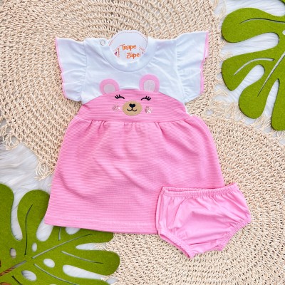 Vestido Ursinha com Paetê e Tapa Fralda - Branco e Rosa 